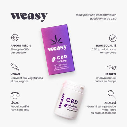 Weasy Capsules de CBD 30 x 30mgProduit issu de chanvre européen biologique qui est ensuite extrait au CO2 Supercritique, la méthode la plus écologique pour obtenir une huile de CBD raffinée, exempGROOVLYGROOVLYCBDWeasy Capsules de CBD 30