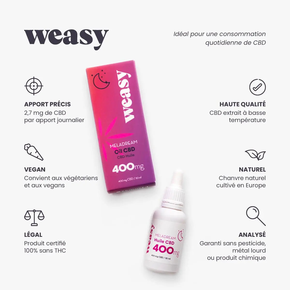 Weasy Meladream – SommeilDescription
Passez des nuits paisibles avec l’huile de CBD MELADREAM !
Les laboratoires Weasy vous propose l’huile de CBD MELADREAM spécialement conçue pour amélioreGROOVLYGROOVLYCBDWeasy Meladream – Sommeil